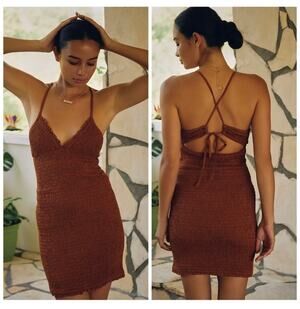 Anthropologie The Ellen Mini Dress Ruched Smock Bodycon Sleeveless Brown Medium